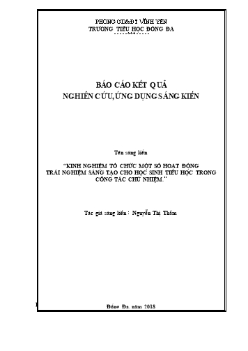 Sáng kiến Kinh nghiệm tổ chức một số hoạt động trải nghiệm sáng tạo cho học sinh Tiểu học trong công tác chủ nhiệm