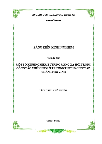 SKKN Một số kinh nghiệm sử dụng mạng xã hội trong công tác chủ nhiệm ở trường THPT Hà Huy Tập, Thành phố Vinh