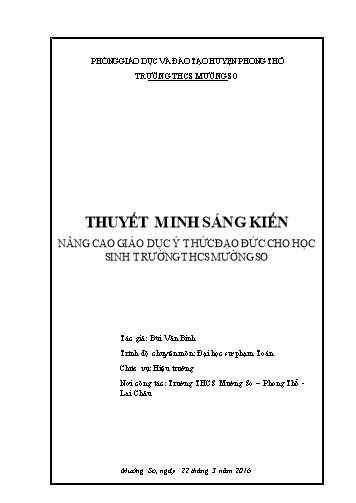 Thuyết minh Sáng kiến Nâng cao giáo dục ý thức đạo đức cho học sinh trường THCS Mường So