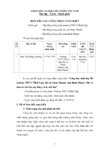 Sáng kiến Giúp học sinh Lớp 9B trường THCS Minh Lập, Thị xã Chơn Thành, tỉnh Bình Phước chia sẻ tâm tư với cha mẹ bằng cách viết thư